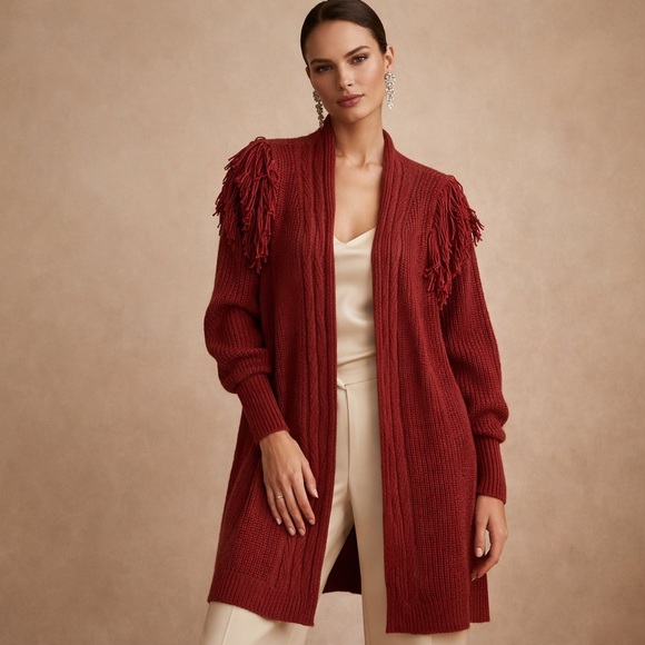 Time and Tru Sweaters - Time and Tru Burgundy Fringe Cardigan